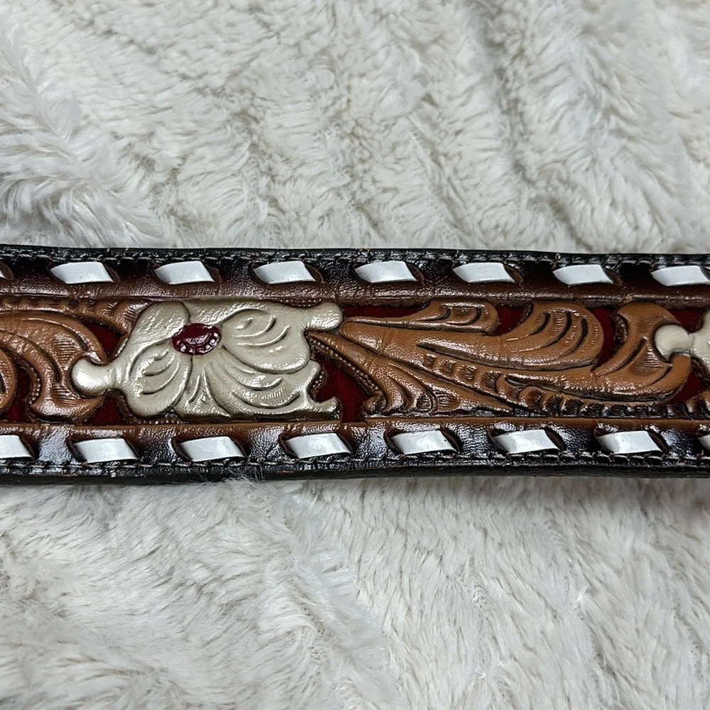 Vintage Tony Lama, Tooled Leather Belt Personalized 'GARY'. COLORS & LACED TRIM